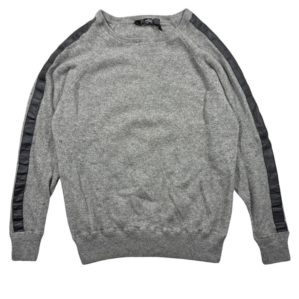 Aqua Cashmere Sweater Womens Medium Gray Black Trim Cashmere Crewneck Relaxed
